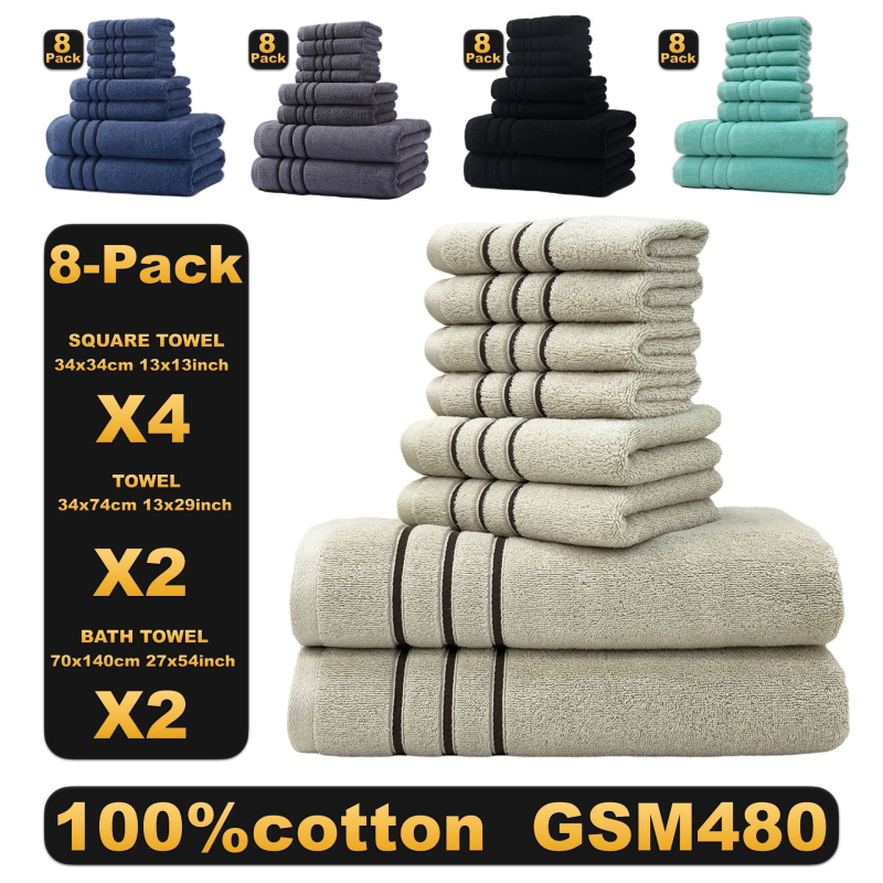 Осемчастен комплект хавлиени кърпи за баня и лице от 100% памук, дебели и меки, общо тегло 1560 g, подходящ за печат на лого и персонализиране за частна марка