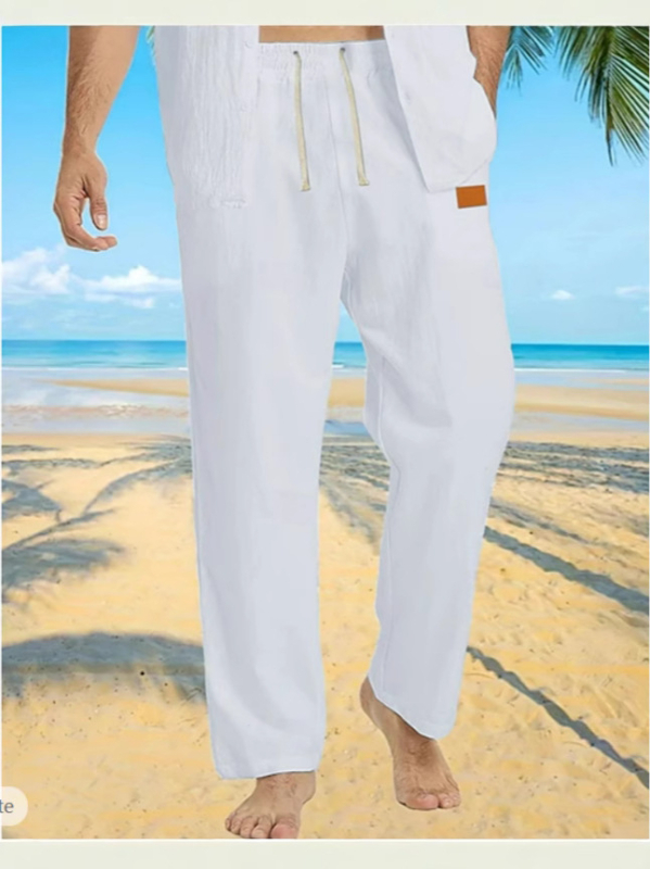 Muške ljetne capri hlače sa šnonom u struku, pamuk-lanena smjesa, kožna oznaka