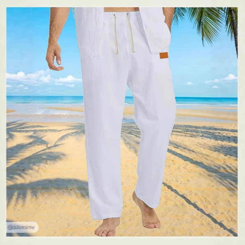 Muške ljetne capri hlače sa šnonom u struku, pamuk-lanena smjesa, kožna oznaka