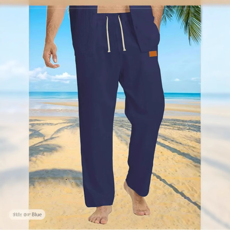 Muške ljetne capri hlače sa šnonom u struku, pamuk-lanena smjesa, kožna oznaka