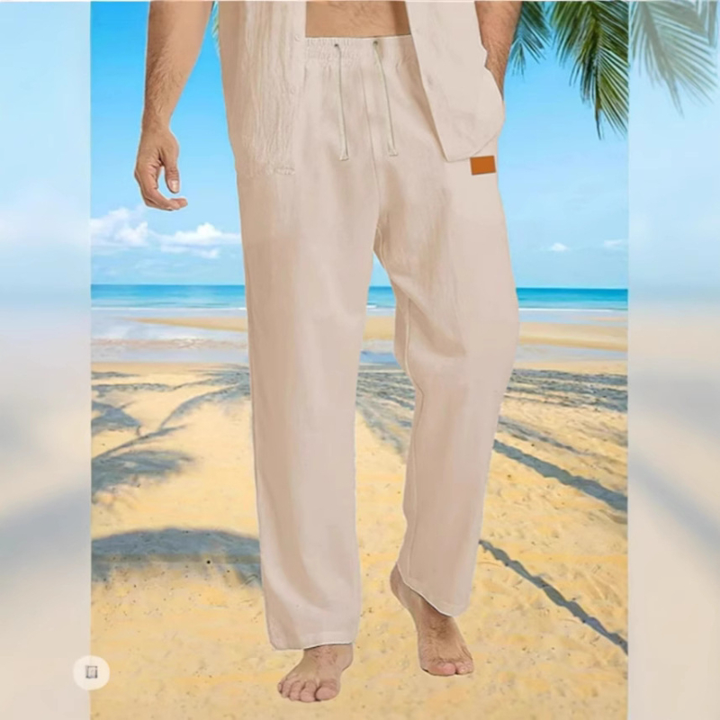 Muške ljetne capri hlače sa šnonom u struku, pamuk-lanena smjesa, kožna oznaka