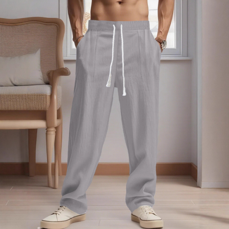 Muške lanene široke hlače, casual, prozračne, s vezanjem u struku, 95% lan