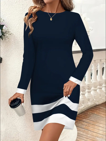 Haljina tip majica s dugim rukavima, okrugli izrez, apstraktni geometrijski print, bodycon silueta, kratka suknja, mješavina poliestera i pamuka