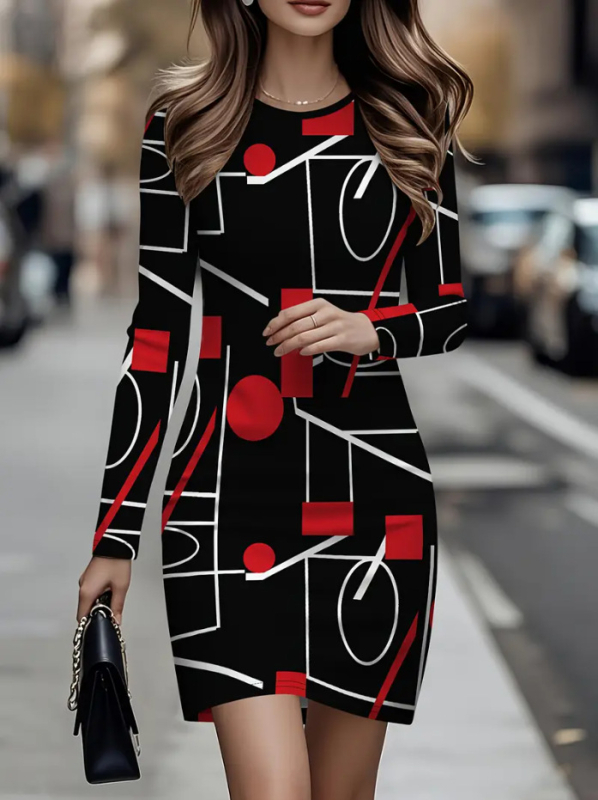 Haljina tip majica s dugim rukavima, okrugli izrez, apstraktni geometrijski print, bodycon silueta, kratka suknja, mješavina poliestera i pamuka