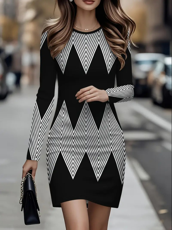 Haljina tip majica s dugim rukavima, okrugli izrez, apstraktni geometrijski print, bodycon silueta, kratka suknja, mješavina poliestera i pamuka