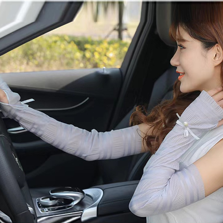 Manșon pentru protecție solară, din Ice Silk, respirabil, cu funda și dantelă cu perle, pentru exterior și condus; poliester 81–95%