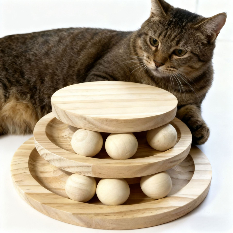 Drvena mačja puzzle igračka s višestrukim stazama i okretna kugla — drvo, broj proizvoda AL984817505116, prirodni stil