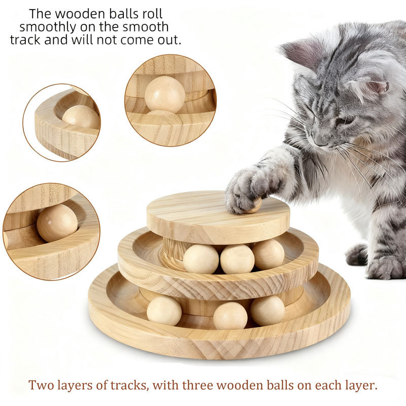 Drvena mačja puzzle igračka s višestrukim stazama i okretna kugla — drvo, broj proizvoda AL984817505116, prirodni stil