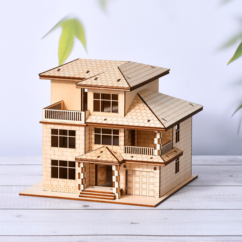 DIY drevený model chalúpky – 3D puzzle pre vek 7–14 rokov – Vzdelávacia, ručne zostaviteľná hračka Sparrow