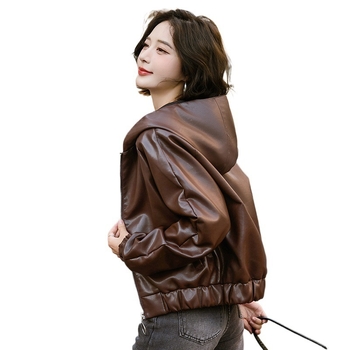 Kožna jakna s kapuljom, zatvarač, ovčja koža, gradski stil, ultra kratka duljina