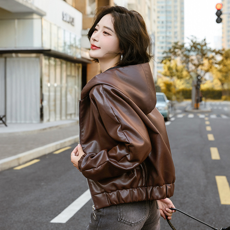 Kožna jakna s kapuljom, zatvarač, ovčja koža, gradski stil, ultra kratka duljina