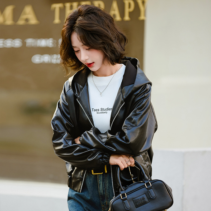 Kožna jakna s kapuljom, zatvarač, ovčja koža, gradski stil, ultra kratka duljina