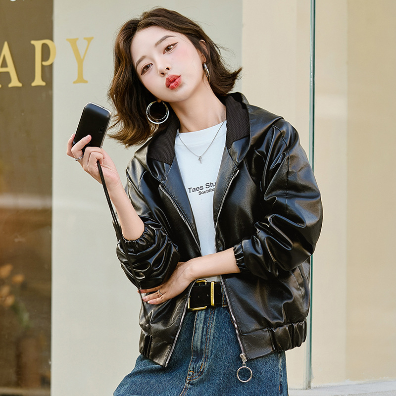 Kožna jakna s kapuljom, zatvarač, ovčja koža, gradski stil, ultra kratka duljina