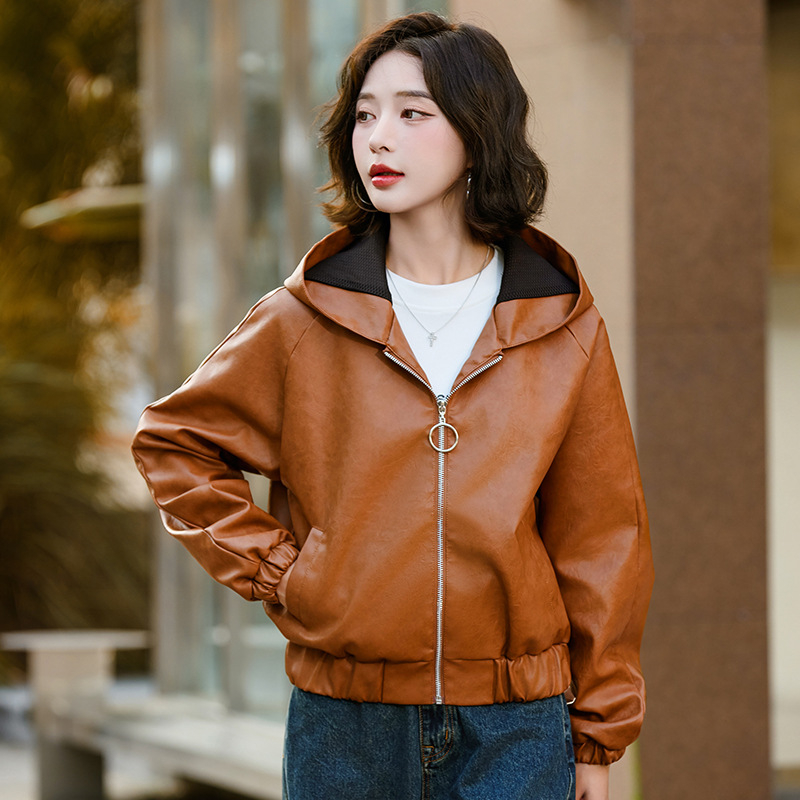 Kožna jakna s kapuljom, zatvarač, ovčja koža, gradski stil, ultra kratka duljina