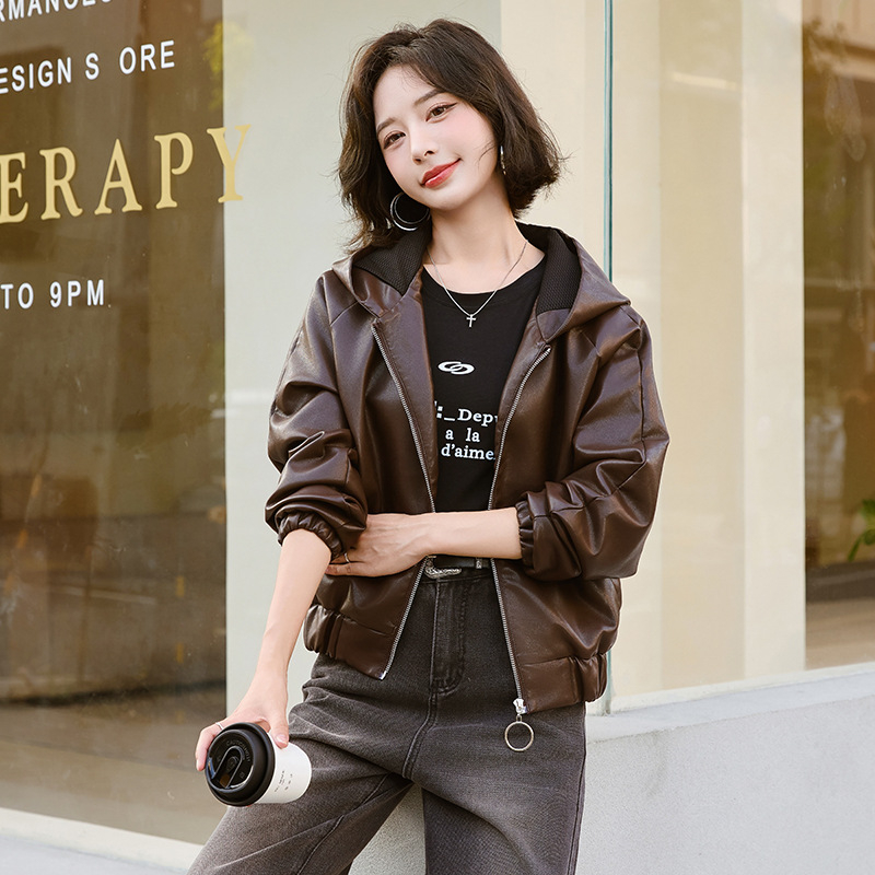 Kožna jakna s kapuljom, zatvarač, ovčja koža, gradski stil, ultra kratka duljina