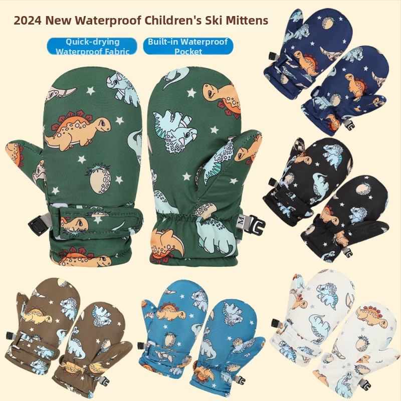 Detské lyžiarske rukavice s fleecovou podšívkou, nepremokavé, teplé, palčáky štýl, pre vek 6 mesiacov–10 rokov (fleece podšívka; nepremokavosť; teplo; vek 6m-10r; karikatúrny vzor)