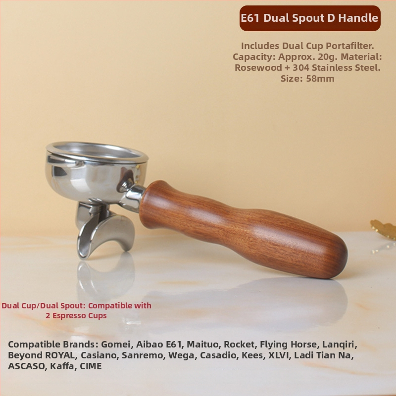 Rukoväť na espresso portafilter – kompatibilná so dvojitým výstupom, drevo + 304 nerezová oceľ, moderný jednoduchý štýl, vhodné pre bary, kaviarne, reštaurácie a domovy