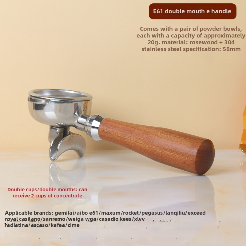 Rukoväť na espresso portafilter – kompatibilná so dvojitým výstupom, drevo + 304 nerezová oceľ, moderný jednoduchý štýl, vhodné pre bary, kaviarne, reštaurácie a domovy