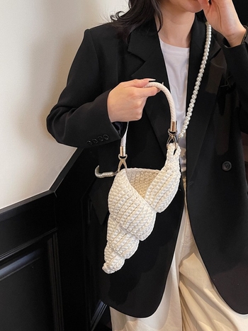 Ručno tkanа torba preko ramena s oblikom školjke, platno, podstava od poliestera i pamuka, unutarnja džep za telefon, dvostruka naramnica, retro stil Euro-Amerika