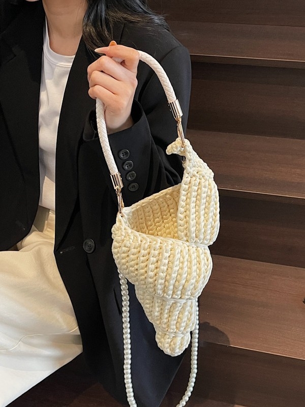 Ručno tkanа torba preko ramena s oblikom školjke, platno, podstava od poliestera i pamuka, unutarnja džep za telefon, dvostruka naramnica, retro stil Euro-Amerika