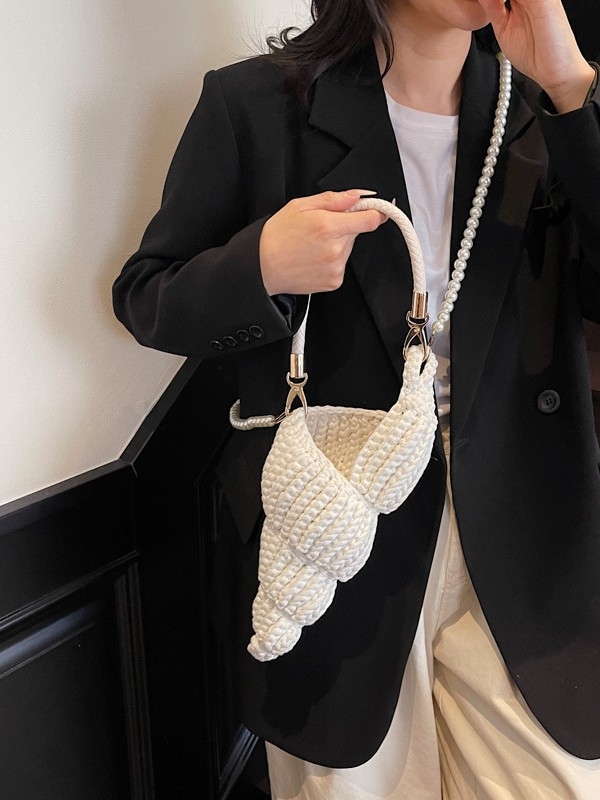 Ručno tkanа torba preko ramena s oblikom školjke, platno, podstava od poliestera i pamuka, unutarnja džep za telefon, dvostruka naramnica, retro stil Euro-Amerika