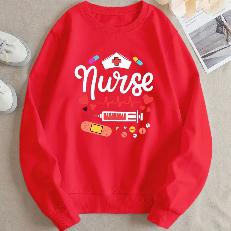 Ženska mikina s grafičkim motivom medicinske sestre, poliester tkanina, dugi rukavi, regularni kroj, okrugli izrez, umjetnički vintage stil, proljeće 2025