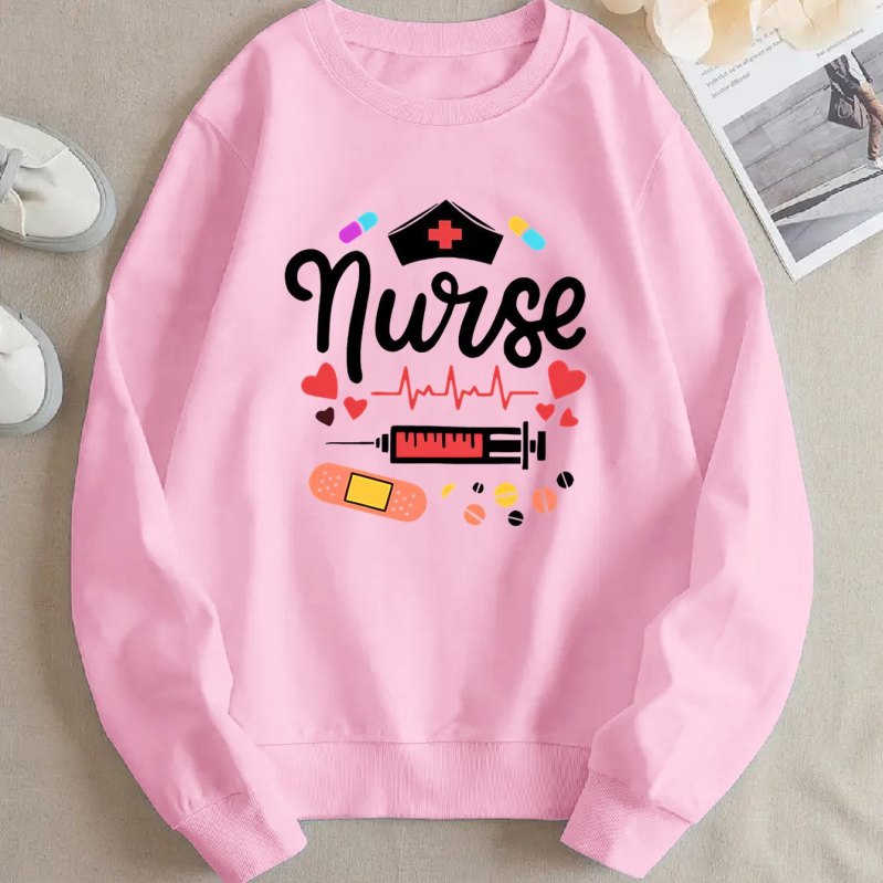 Ženska mikina s grafičkim motivom medicinske sestre, poliester tkanina, dugi rukavi, regularni kroj, okrugli izrez, umjetnički vintage stil, proljeće 2025