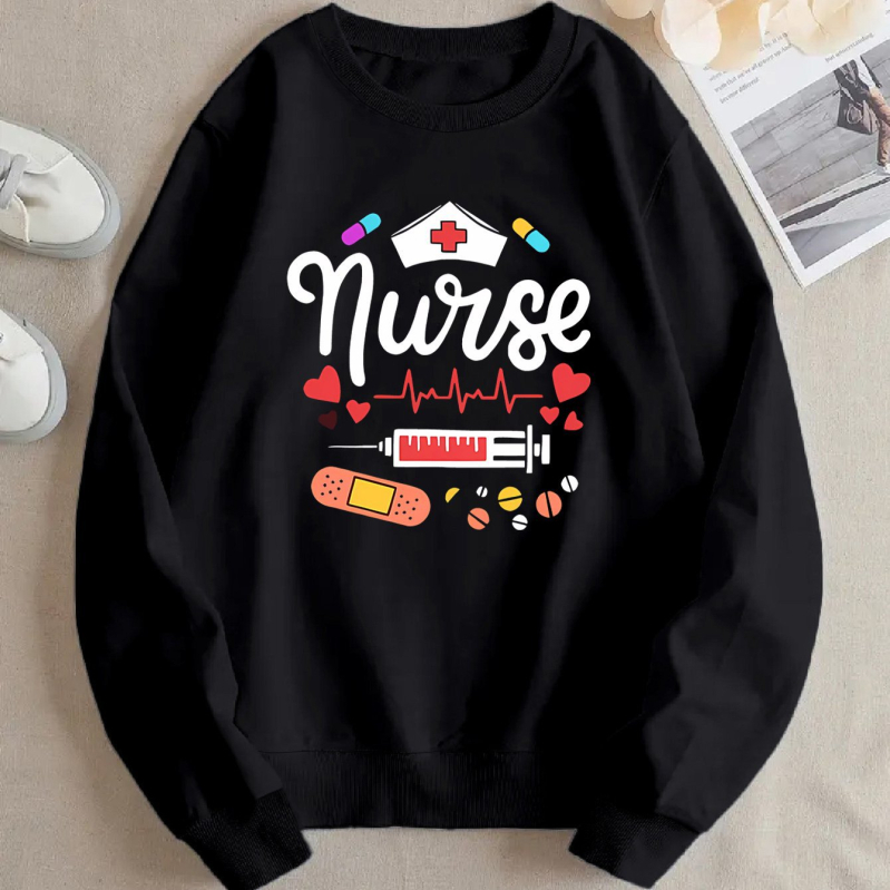 Ženska mikina s grafičkim motivom medicinske sestre, poliester tkanina, dugi rukavi, regularni kroj, okrugli izrez, umjetnički vintage stil, proljeće 2025