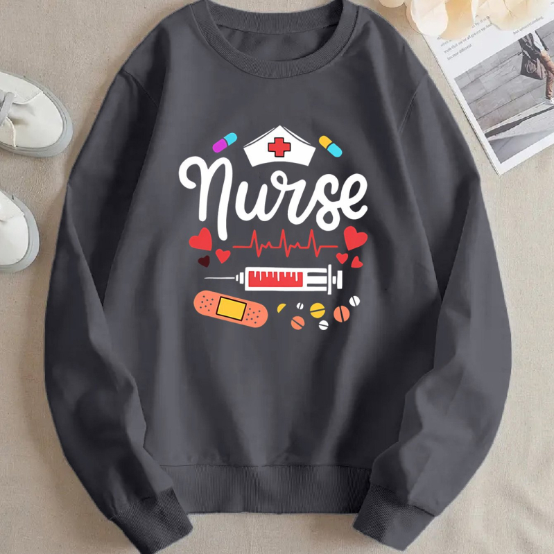 Ženska mikina s grafičkim motivom medicinske sestre, poliester tkanina, dugi rukavi, regularni kroj, okrugli izrez, umjetnički vintage stil, proljeće 2025