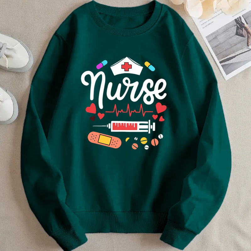Ženska mikina s grafičkim motivom medicinske sestre, poliester tkanina, dugi rukavi, regularni kroj, okrugli izrez, umjetnički vintage stil, proljeće 2025