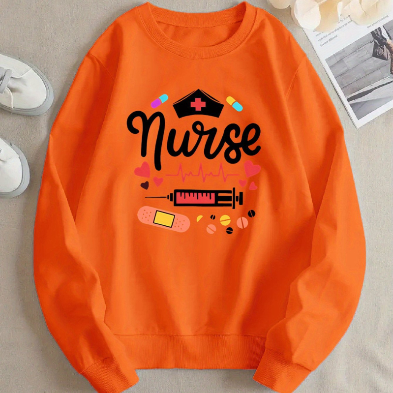 Ženska mikina s grafičkim motivom medicinske sestre, poliester tkanina, dugi rukavi, regularni kroj, okrugli izrez, umjetnički vintage stil, proljeće 2025