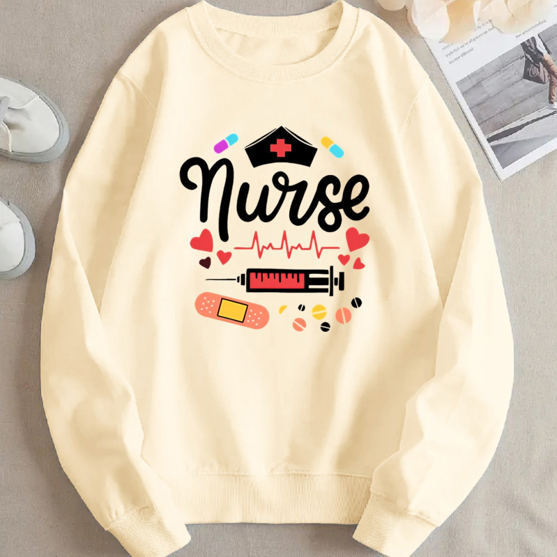 Ženska mikina s grafičkim motivom medicinske sestre, poliester tkanina, dugi rukavi, regularni kroj, okrugli izrez, umjetnički vintage stil, proljeće 2025