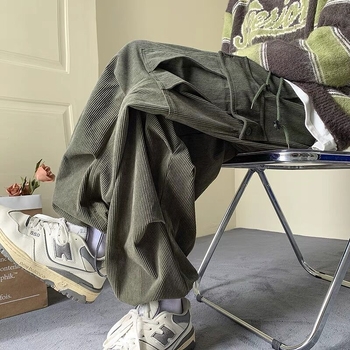 Muške hlače od corduroya za radnu upotrebu, fleece podstava, opuštenog ravnog kroja, dvostruka struka, kopčanje vezicama