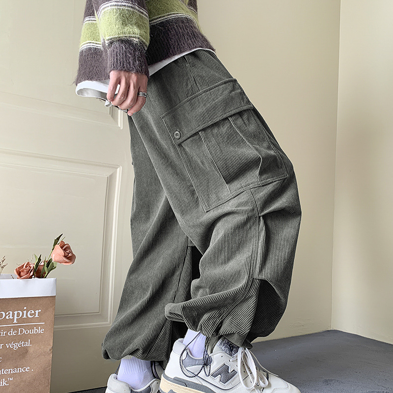 Muške hlače od corduroya za radnu upotrebu, fleece podstava, opuštenog ravnog kroja, dvostruka struka, kopčanje vezicama
