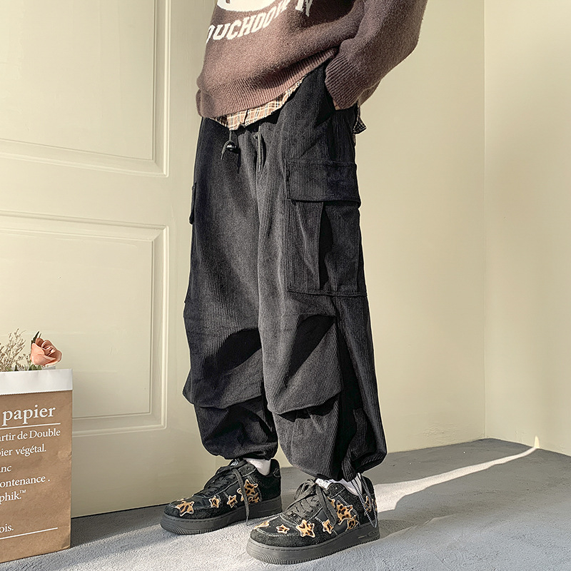 Muške hlače od corduroya za radnu upotrebu, fleece podstava, opuštenog ravnog kroja, dvostruka struka, kopčanje vezicama