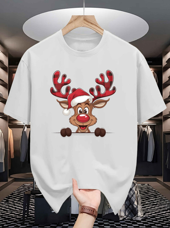 Pamuk majica s božićnim jelenim uzorkom, kratki rukavi, okrugli izrez