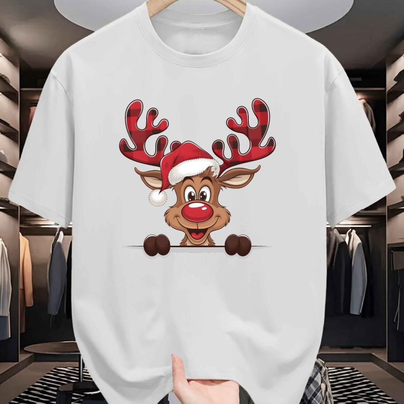 Pamuk majica s božićnim jelenim uzorkom, kratki rukavi, okrugli izrez