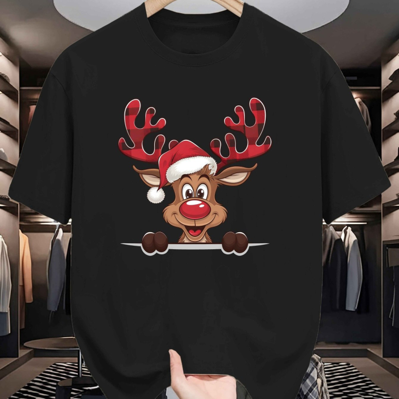 Pamuk majica s božićnim jelenim uzorkom, kratki rukavi, okrugli izrez