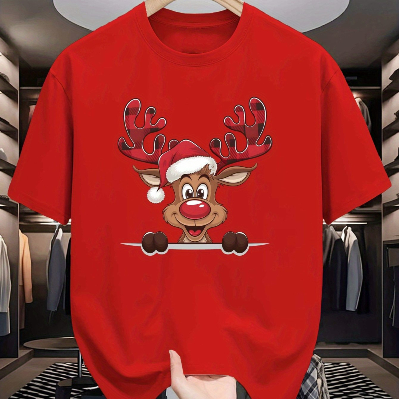 Pamuk majica s božićnim jelenim uzorkom, kratki rukavi, okrugli izrez