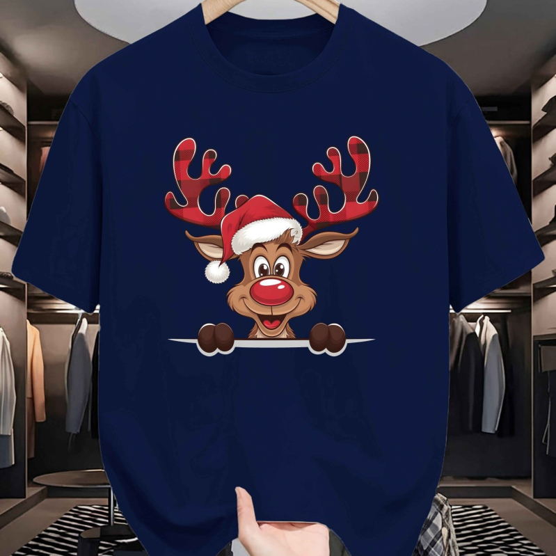 Pamuk majica s božićnim jelenim uzorkom, kratki rukavi, okrugli izrez