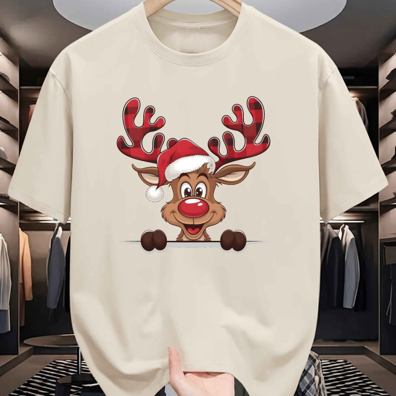 Pamuk majica s božićnim jelenim uzorkom, kratki rukavi, okrugli izrez