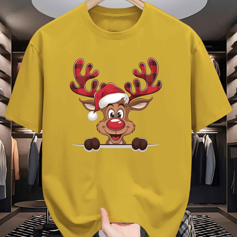 Pamuk majica s božićnim jelenim uzorkom, kratki rukavi, okrugli izrez