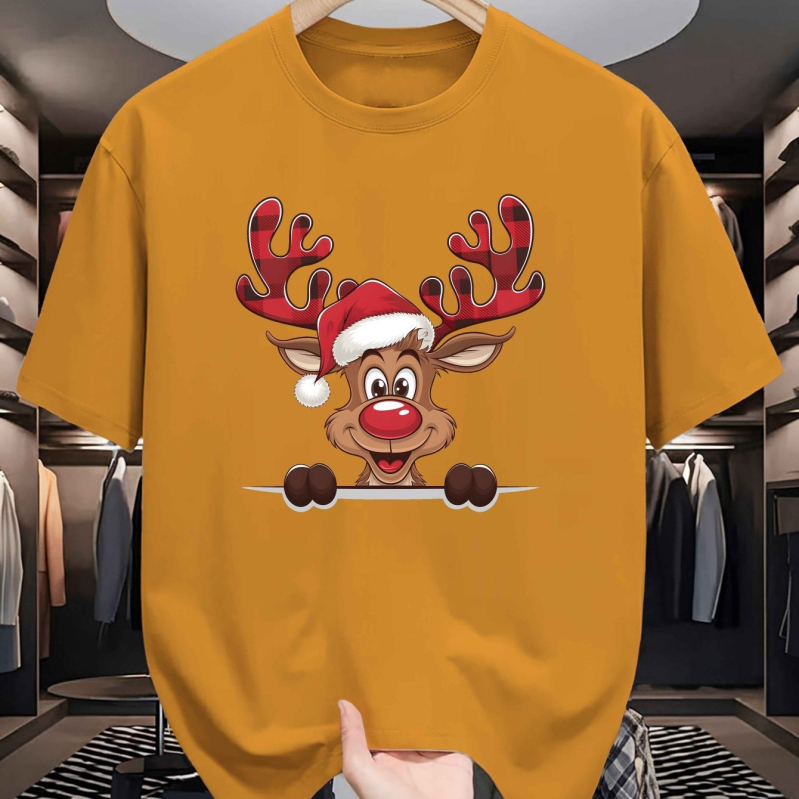 Pamuk majica s božićnim jelenim uzorkom, kratki rukavi, okrugli izrez