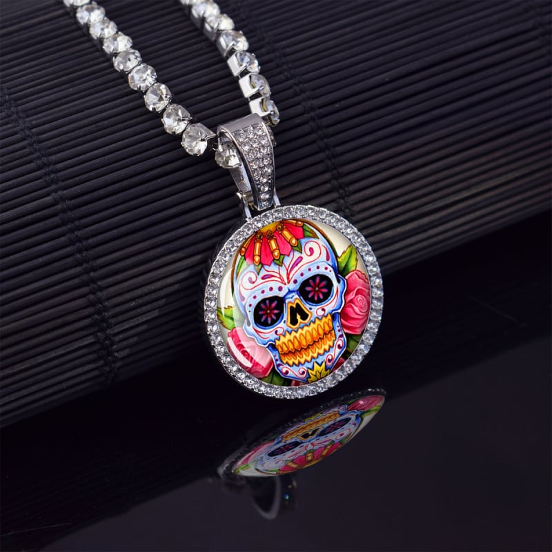 ESSPOC колие с висулка мексикански череп, хип-хоп стил, материал: цинкова сплав, дизайн: карикатурни герои и геометрия, пуснато лято 2024