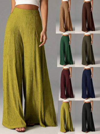 Široke casual hlače za žene, visok pojas, dugačak kroj, poliester 90-95% + spandeks <30%