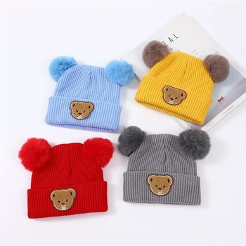 Dječja zimska pletena kapa s otiskom medvjeda, s ušima, kupolasta kruna, bez rubnika, poliester