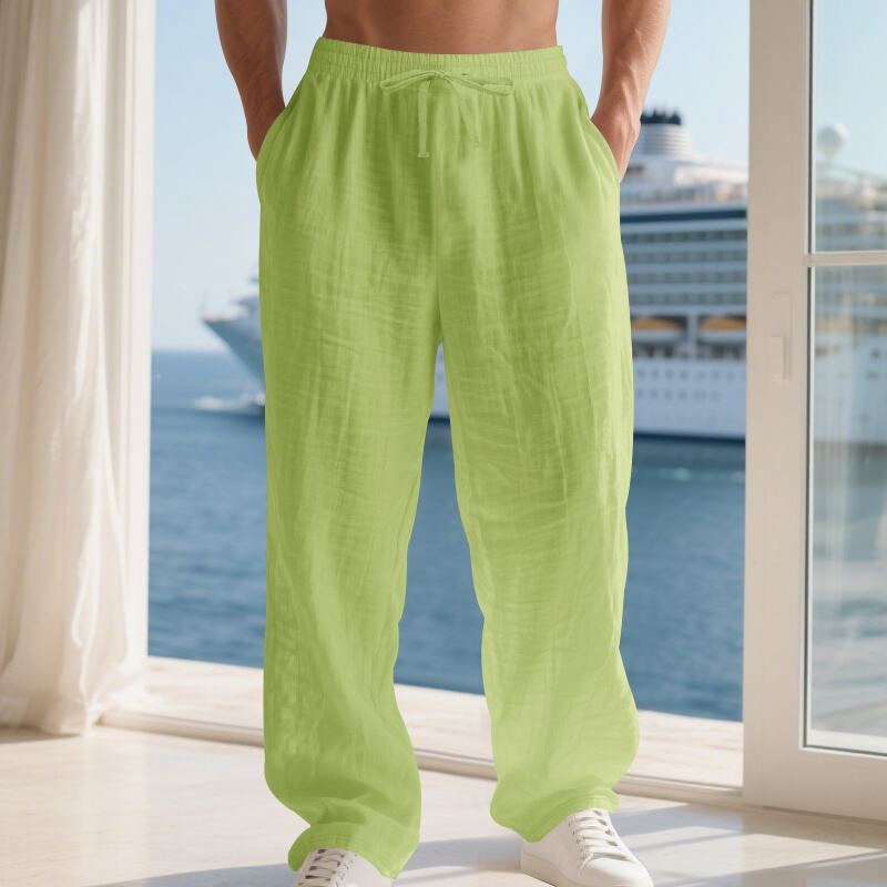 Muške casual duge hlače ravnog kroja, srednji pojas, vezanje špage, 95% lan, jednofarbni uzorak