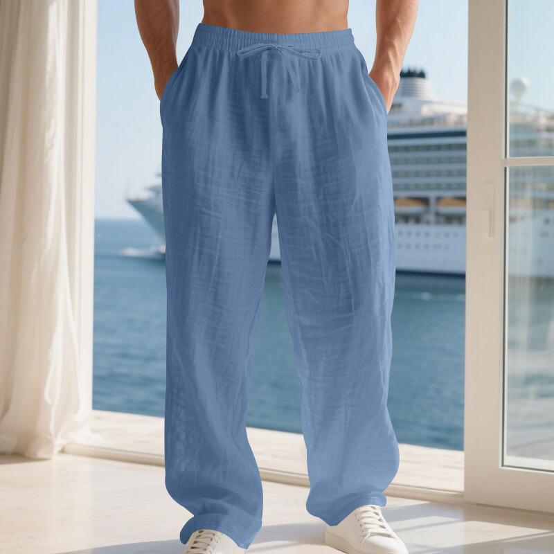 Muške casual duge hlače ravnog kroja, srednji pojas, vezanje špage, 95% lan, jednofarbni uzorak