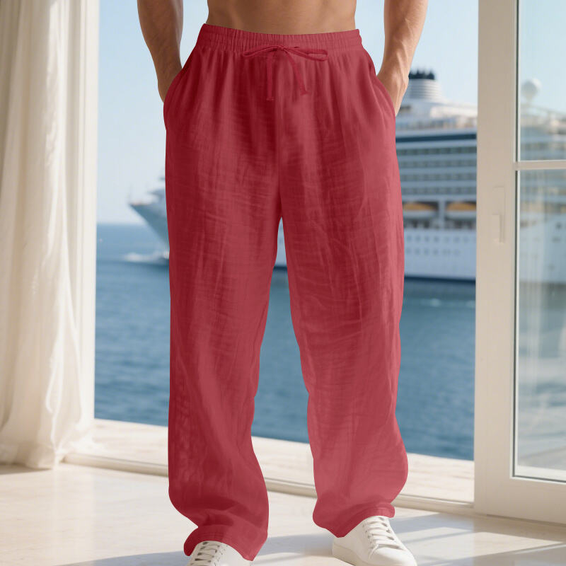 Muške casual duge hlače ravnog kroja, srednji pojas, vezanje špage, 95% lan, jednofarbni uzorak