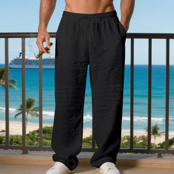 Muške lanene hlače, ravne krojene, srednji porast, prozračne, zatvaranje na šnuru